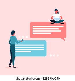 Social media conversation. Text messenger interface. Young characters using a mobile app to communicate. Flat vector illustration