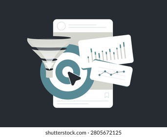Social media conversion optimization with funnel analytics, audience targeting and campaign performance. Marketing insights, conversion tracking and smm business growth vector illustration.