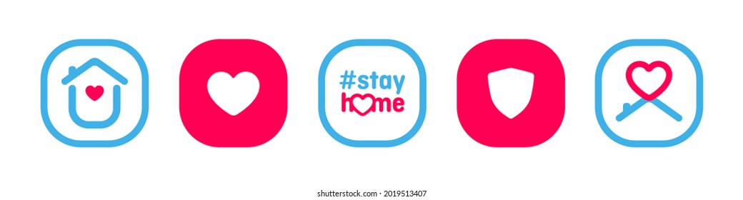 Social media corona icon set. Stay home, stay safe. Isolated icon set on white background perfect for posts, news. Minimal, modern, flat and simple stay home symbol.