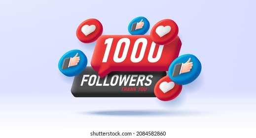 Social Media Counter with 1 thousand followers, digital icon badge with likes as hand with thumb up and hearts and speach bubble