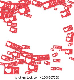 Social media counters. Like background. Social network icons. SMM, digital marketing, advertising, app, seo, web background with falling like counters isolated on white backdrop. Web addiction.