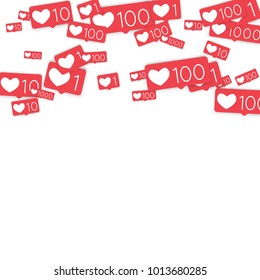 Social media counters. Like background. Social network icons. SMM, digital marketing, advertising, app, seo, web background with falling like counters isolated on white backdrop. Web addiction.