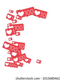 Social media counters. Like background. Social network icons. SMM, digital marketing, advertising, app, seo, web background with falling like counters isolated on white backdrop. Web addiction.