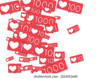 Social media counters. Like background. Social network icons. SMM, digital marketing, advertising, app, seo, web background with falling like counters isolated on white backdrop. Web addiction.