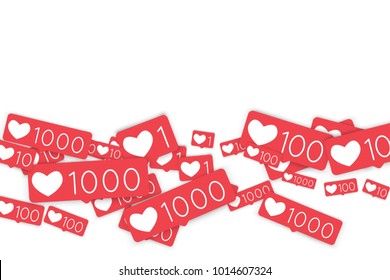 Social media counters. Like background. Social network icons. SMM, digital marketing, advertising, app, seo, web background with falling like counters isolated on white backdrop. Web addiction.