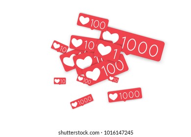Social media counters. Like background. Social network icons. SMM, digital marketing, advertising, app, seo, web background with falling like counters isolated on white backdrop. Web addiction.