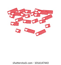 Social media counters. Like background. Social network icons. SMM, digital marketing, advertising, app, seo, web background with falling like counters isolated on white backdrop. Web addiction.