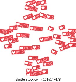 Social media counters. Like background. Social network icons. SMM, digital marketing, advertising, app, seo, web background with falling like counters isolated on white backdrop. Web addiction.