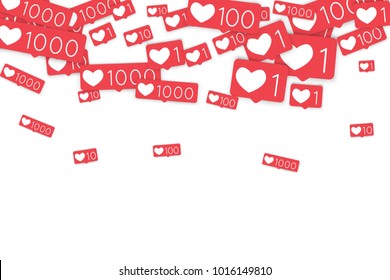 Social media counters. Like background. Social network icons. SMM, digital marketing, advertising, app, seo, web background with falling like counters isolated on white backdrop. Web addiction.