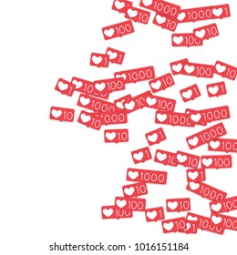 Social media counters. Like background. Social network icons. SMM, digital marketing, advertising, app, seo, web background with falling like counters isolated on white backdrop. Web addiction.