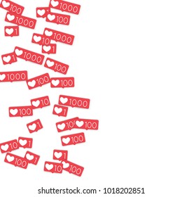 Social media counters. Like background. Social network icons. SMM, digital marketing, advertising, app, seo, web background with falling like counters isolated on white backdrop. Web addiction.