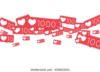 Social media counters. Like background. Social network icons. SMM, digital marketing, advertising, app, seo, web background with falling like counters isolated on white backdrop. Web addiction.
