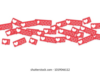 Social media counters. Like background. Social network icons. SMM, digital marketing, advertising, app, seo, web background with falling like counters isolated on white backdrop. Web addiction.