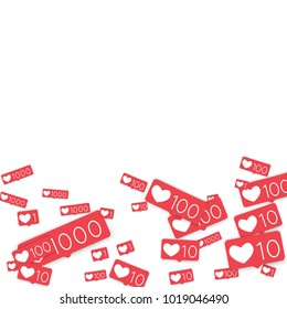 Social media counters. Like background. Social network icons. SMM, digital marketing, advertising, app, seo, web background with falling like counters isolated on white backdrop. Web addiction.