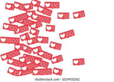 Social media counters. Like background. Social network icons. SMM, digital marketing, advertising, app, seo, web background with falling like counters isolated on white backdrop. Web addiction.
