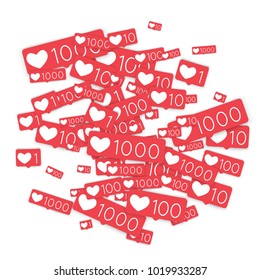 Social media counters. Like background. Social network icons. SMM, digital marketing, advertising, app, seo, web background with falling like counters isolated on white backdrop. Web addiction.