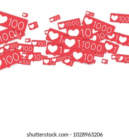 Social media counters. Like background. Social network icons. SMM, digital marketing, advertising, app, seo, web background with falling like counters isolated on white backdrop. Web addiction.