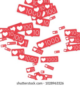 Social media counters. Like background. Social network icons. SMM, digital marketing, advertising, app, seo, web background with falling like counters isolated on white backdrop. Web addiction.