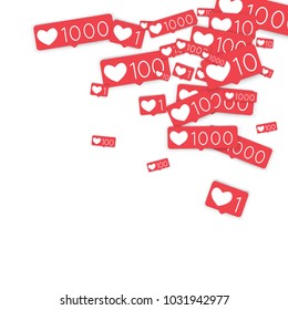 Social media counters. Like background. Social network icons. SMM, digital marketing, advertising, app, seo, web background with falling like counters isolated on white backdrop. Web addiction.