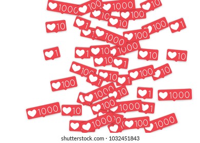 Social media counters. Like background. Social network icons. SMM, digital marketing, advertising, app, seo, web background with falling like counters isolated on white backdrop. Web addiction.
