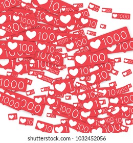 Social media counters. Like background. Social network icons. SMM, digital marketing, advertising, app, seo, web background with falling like counters isolated on white backdrop. Web addiction.