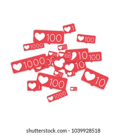 Social media counters. Like background. Social network icons. SMM, digital marketing, advertising, app, seo, web background with falling like counters isolated on white backdrop. Web addiction.