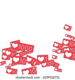 Social media counters. Like background. Social network icons. SMM, digital marketing, advertising, app, seo, web background with falling like counters isolated on white backdrop. Web addiction.