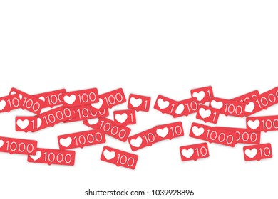 Social media counters. Like background. Social network icons. SMM, digital marketing, advertising, app, seo, web background with falling like counters isolated on white backdrop. Web addiction.
