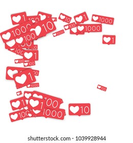 Social media counters. Like background. Social network icons. SMM, digital marketing, advertising, app, seo, web background with falling like counters isolated on white backdrop. Web addiction.