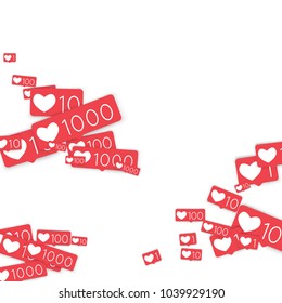 Social media counters. Like background. Social network icons. SMM, digital marketing, advertising, app, seo, web background with falling like counters isolated on white backdrop. Web addiction.