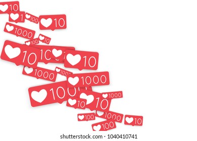 Social media counters. Like background. Social network icons. SMM, digital marketing, advertising, app, seo, web background with falling like counters isolated on white backdrop. Web addiction.