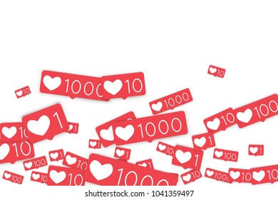 Social media counters. Like background. Social network icons. SMM, digital marketing, advertising, app, seo, web background with falling like counters isolated on white backdrop. Web addiction.
