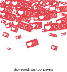 Social media counters. Like background. Social network icons. SMM, digital marketing, advertising, app, seo, web background with falling like counters isolated on white backdrop. Web addiction.