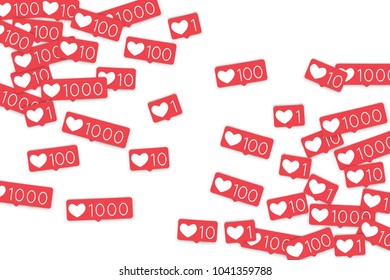 Social media counters. Like background. Social network icons. SMM, digital marketing, advertising, app, seo, web background with falling like counters isolated on white backdrop. Web addiction.