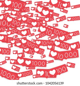Social media counters. Like background. Social network icons. SMM, digital marketing, advertising, app, seo, web background with falling like counters isolated on white backdrop. Web addiction.