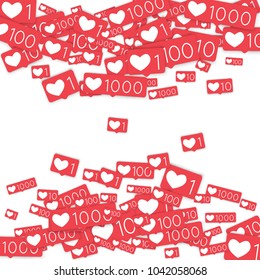 Social media counters. Like background. Social network icons. SMM, digital marketing, advertising, app, seo, web background with falling like counters isolated on white backdrop. Web addiction.