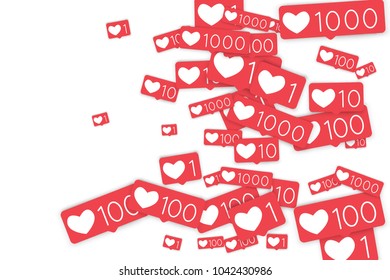 Social media counters. Like background. Social network icons. SMM, digital marketing, advertising, app, seo, web background with falling like counters isolated on white backdrop. Web addiction.