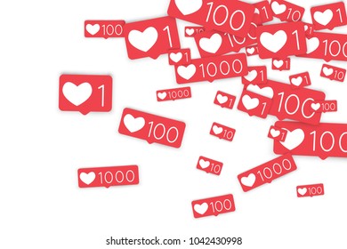 Social media counters. Like background. Social network icons. SMM, digital marketing, advertising, app, seo, web background with falling like counters isolated on white backdrop. Web addiction.