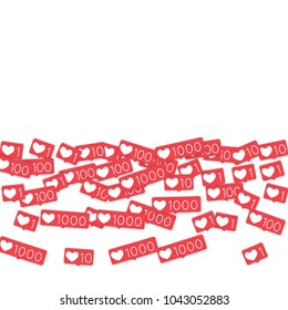 Social media counters. Like background. Social network icons. SMM, digital marketing, advertising, app, seo, web background with falling like counters isolated on white backdrop. Web addiction.