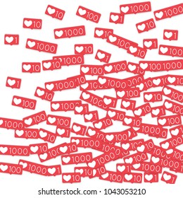 Social media counters. Like background. Social network icons. SMM, digital marketing, advertising, app, seo, web background with falling like counters isolated on white backdrop. Web addiction.