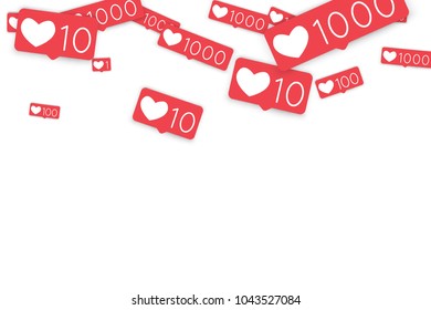 Social media counters. Like background. Social network icons. SMM, digital marketing, advertising, app, seo, web background with falling like counters isolated on white backdrop. Web addiction.