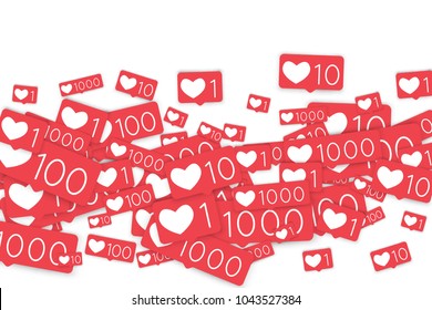 Social media counters. Like background. Social network icons. SMM, digital marketing, advertising, app, seo, web background with falling like counters isolated on white backdrop. Web addiction.