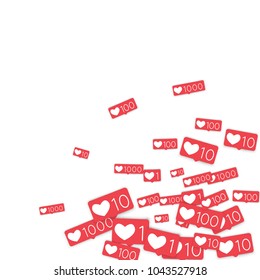 Social media counters. Like background. Social network icons. SMM, digital marketing, advertising, app, seo, web background with falling like counters isolated on white backdrop. Web addiction.