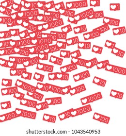 Social media counters. Like background. Social network icons. SMM, digital marketing, advertising, app, seo, web background with falling like counters isolated on white backdrop. Web addiction.