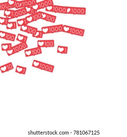 Social media counters. Like background. Social network icons. SMM, digital marketing, advertising, app, seo, web background with falling like counters isolated on white backdrop. Web addiction.