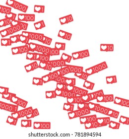 Social media counters. Like background. Social network icons. SMM, digital marketing, advertising, app, seo, web background with falling like counters isolated on white backdrop. Web addiction.