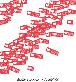 Social media counters. Like background. Social network icons. SMM, digital marketing, advertising, app, seo, web background with falling like counters isolated on white backdrop. Web addiction.