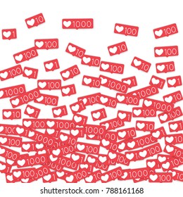 Social media counters. Like background. Social network icons. SMM, digital marketing, advertising, app, seo, web background with falling like counters isolated on white backdrop. Web addiction.