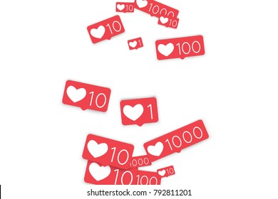 Social media counters. Like background. Social network icons. SMM, digital marketing, advertising, app, seo, web background with falling like counters isolated on white backdrop. Web addiction.
