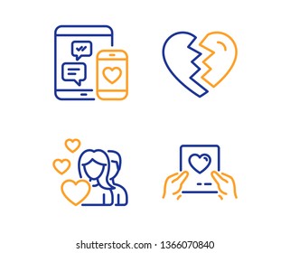 Social media, Couple and Break up icons simple set. Love mail sign. Mobile devices, Valentines day, Divorce. Valentine letter. Love set. Linear social media icon. Colorful design set. Vector